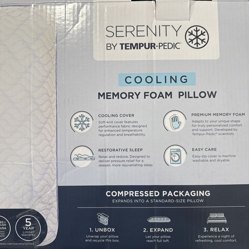 Tempur-Pedic Serenity Cooling Memory Foam Bed Pillow 24x16in Machine Washable